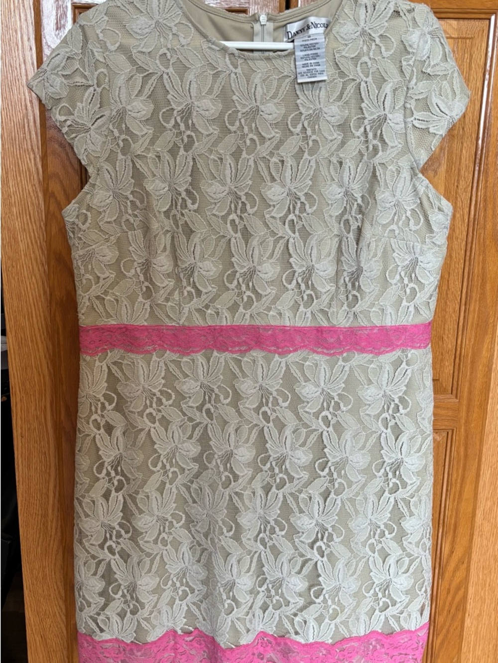 Danny & Nicole Beige Lace Dress with Pink Trim